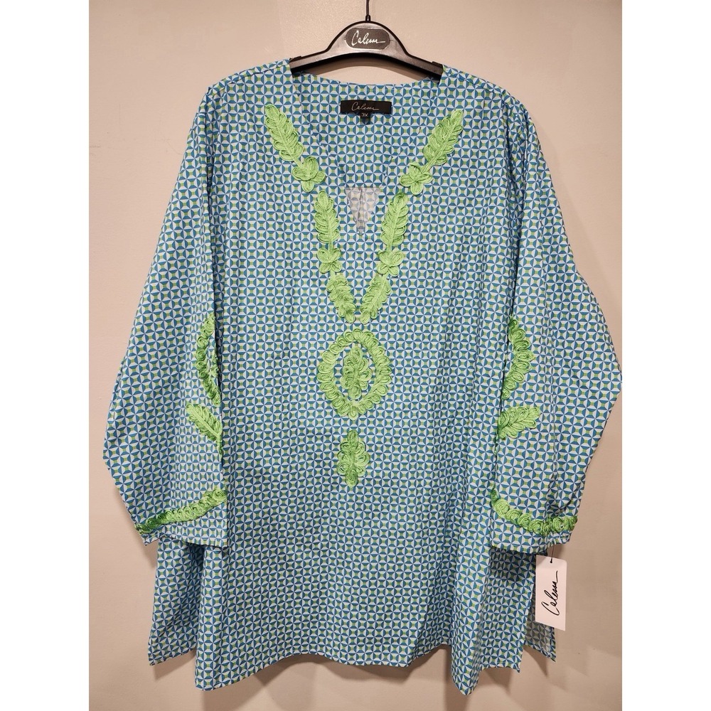 Calessa‎ NWT Women's 3xl Blue/green  Embroidered Geometric Design  Tunic Top